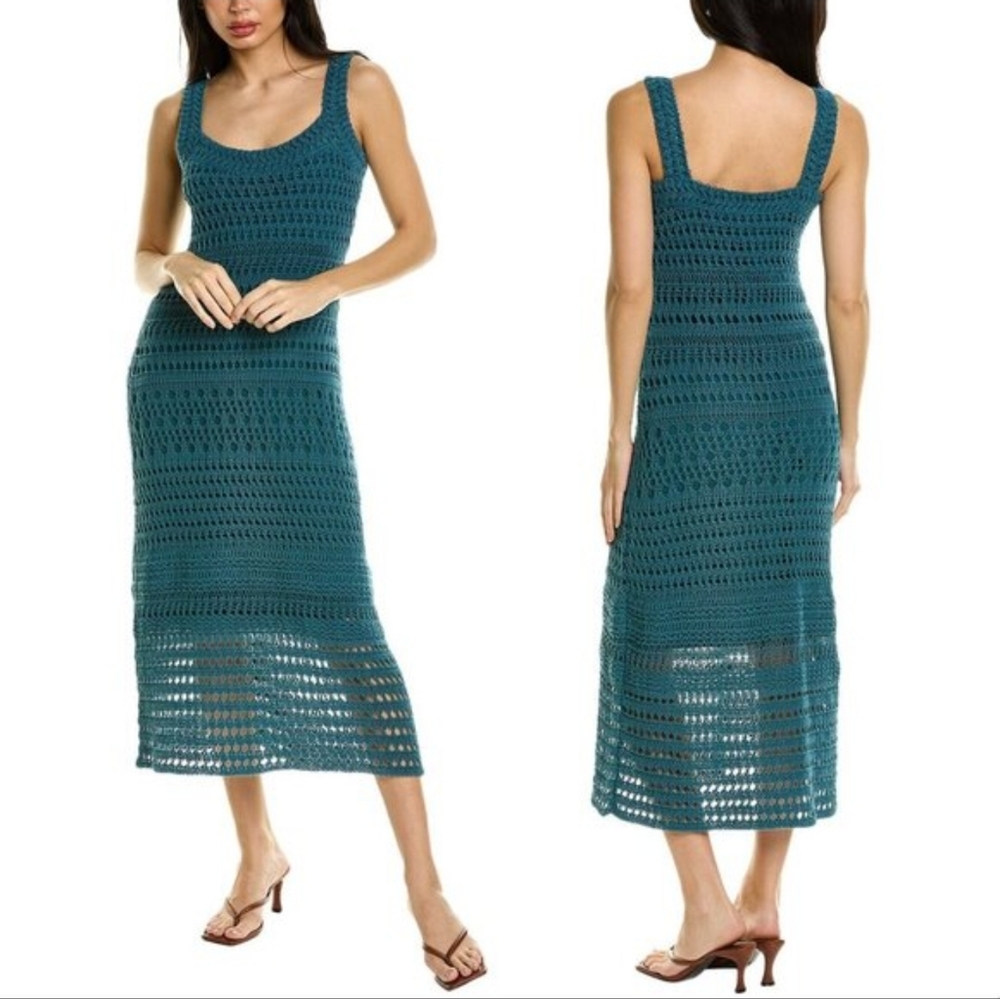 Vince Cotton Lace Crochet Square Neck Midi Dress Teal Blue Waltz Small